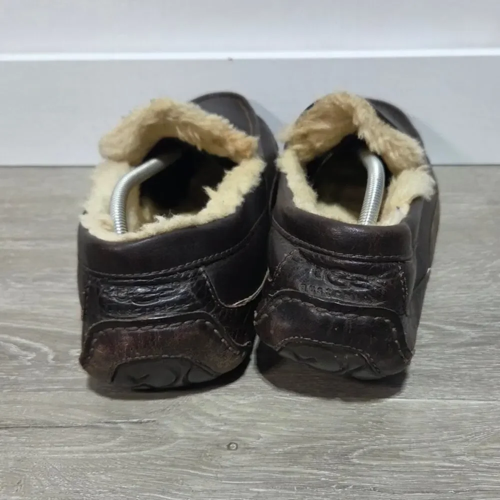 UGG Ascot Brown Leather Men's Slippers Sheepskin Lining Size 9 Moccasins